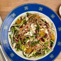 Chinese Chicken Salad *New* · Romaine, green cabbage, radicchio, shredded chicken, jalapeno, ginger, daikon, carrots, red ...