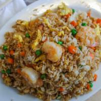 Shrimp Fried Rice · Shrimp with onions, peas, and carrots.