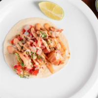 Mariachi Tako · Flour Tortilla with Bacon Wrapped Shrimp stuffed with cheese, Topped with Pico de Gallo and ...