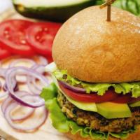 Veggie Garden Burger · grilled garden veggie burger, arugula, tomato, pickle with 1000 Island dressing