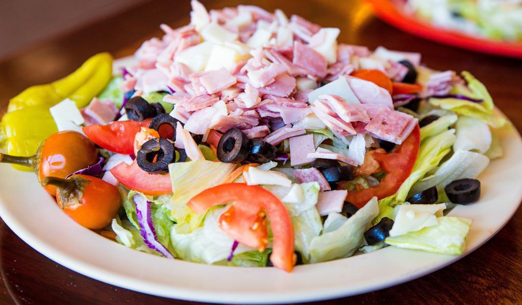 Mixed Antipasto · Lettuce, tomatoes, black olives, cherry peppers, pepperoncini, ham, salami, mortadella, provolone.