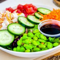 Lean Poke Bowl · Half-Spring Mix, Half Brown Rice, Ahi Tuna, Crabmeat, Cucumbers, Carrots, Edamame, & Low Sod...