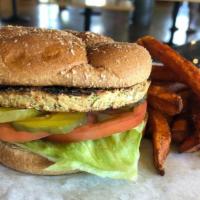 Garden Burger (Vegan Burger) · A healthy alternative made from grains and veggies. Served on a toasted wheat bun.