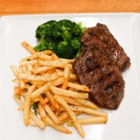 Steak · Iron Steak served with French Fries, Broccoli, Med rare