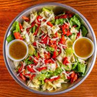 Artichoke Roasted Red Pepper Salad (Large) · Romaine hearts, marinated roasted red peppers, artichoke hearts and pecorino Romano.