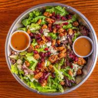Oh Baby Salad (Large) · Spring mix, aged gorgonzola crumbles, candied walnuts and dried cranberries with balsamic vi...