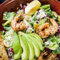 Tj Shrimp Caesar · romaine salad with TJ ceasar dressing, cotixa cheese, green olives & garlic toasts, & sliced...