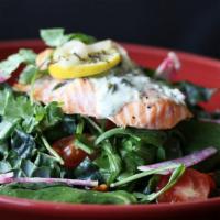 King Salmon, Kale & Quinoa · served warm on kale, spinach, & arugula with chia seed dressing, quinoa, pepitas, cranberrie...