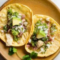 Carnitas Street Tacos (3) · chicharron, avocado, onion & tomatillo salsa