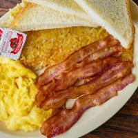 Bacon & 2 Eggs · Served with hash browns, toast and jelly.