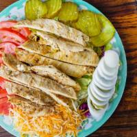 Grilled Chicken Breast Salad · Grilled chicken breast, lettuce, red cabbage, carrots, tomato, cheese, pickles, and sliced h...