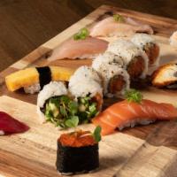Chef'S Sushi Plate · Spicy. tuna, salmon, yellowtail, albacore, shrimp, unagi, smelt egg, tamago & spicy tuna roll