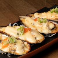 Baked Mussels On Half Shell · mussels baked & garnished with masago & green onion