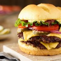Double Classic Smash · 2 certified Angus beef patties, 2 slices of American cheese, lettuce, tomato, red onion, pic...