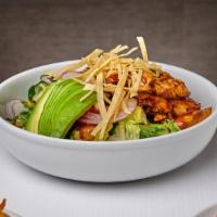 Bbq Chicken Salad · Romaine, BBQ chicken, avocado, red onion, tomato, grilled corn, black beans, and tortilla st...