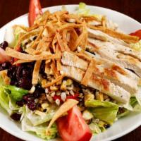 Grilled Vegetable Chicken Salad · Romaine, grilled chicken, grilled corn, zucchini, red bell pepper, tomato, sunflower seeds d...