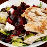 Beet Salad · Baby green mix, grilled chicken breast, beets, fennel, goat cheese, and vinaigrette.