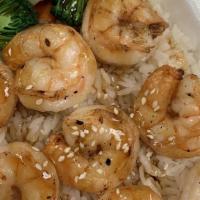 Grilled Shrimp Bowl · Grilled shrimp on a bed of steam rice, fresh steam veggies, homemade teriyaki sauce, and roa...