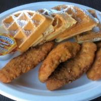 Chicken & Waffles · Four crispy chicken breast tenders and a crispy waffle, served with butter and syrup.