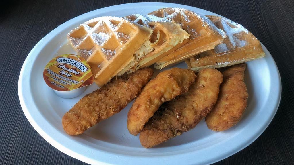 Chicken & Waffles · Four crispy chicken breast tenders and a crispy waffle, served with butter and syrup.