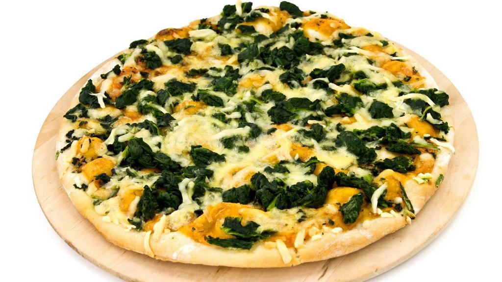 White Spinach 3 Cheese Pizza Slice · A special no sauce pizza slice with fresh spinach, garlic, ricotta, parmesan and mozzarella cheese.