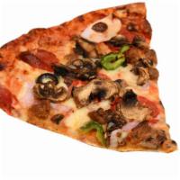 Bbq Chicken Pizza Slice · Delectable BBQ chicken, red onions and fresh basil pizza slice.