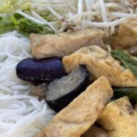 Tofu Eggplant Basil Vermicelli · stir-fry fried tofu, eggplant and basils serve with noodles, lettuce, bean sprouts, pickled ...
