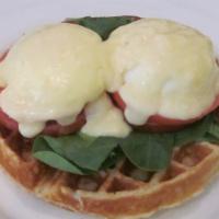 The Boulevard Benedict · Served on Belgian waffle, topped with 2 poached eggs, Canadian bacon, fresh spinach & tomato...