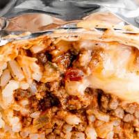 Giant Lunch Burrito · All burritos are made with Spanish rice, refried beans, cheddar cheese, & meat. No substitut...