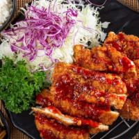 Spicy Chicken Katsu  · Chicken tender cutlet with spicy sauce. Served with rice, miso soup and cabbage salad.