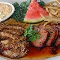 3 Meat Combo Tri-Tip, Chicken & Hot Links · Comes with two sides: greens, macaroni and cheese, smoked baked beans or potato salad.