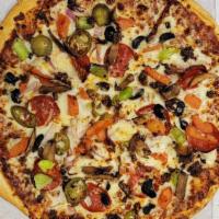 Pizza Boy Supreme · Red sauce base, pepperoni, beef, olives, red onions, tomatoes, mushroom, green pepper, jalap...
