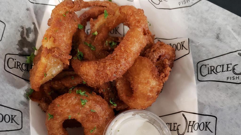 Onion Rings · Beer battered king onion rings.