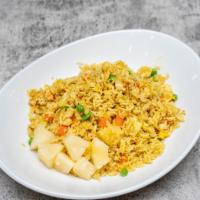 Burmese Pineapple Fried Rice   · Fried jasmine rice with pineapple, onion, chickpea, green pea, carrot & egg