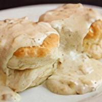 Biscuits And Gravy Breakfast · Homemade biscuits baked fresh daily covered with our rich country gravy and served with thre...
