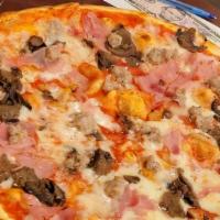 Capricciosa Pizza · Top menu item. Tomato sauce, mozzarella, ham, Italian sausage, sautéed mushrooms.