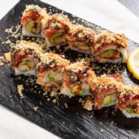 Spicy Dragon Roll · (Tempura Shrimp & Avocado roll) Topped with Spicy Tuna & BBQ Eel with Spicy Sauce