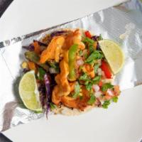 Shrimp Tacos · Marinade purple cabbage, with green yellow and red bell pepper ,shrimp, mango Pico, with tom...