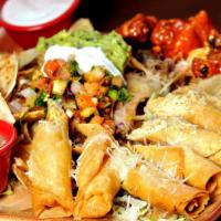 Appetizer Sampler · 4 buffalo wings, 2 taquitos, 2 flautas, 1 cheese quesadilla, chicken nachos, side of beans, ...