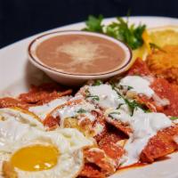 Chilaquiles And Eggs · Corn tortilla chips sauteed in green or red sauce.