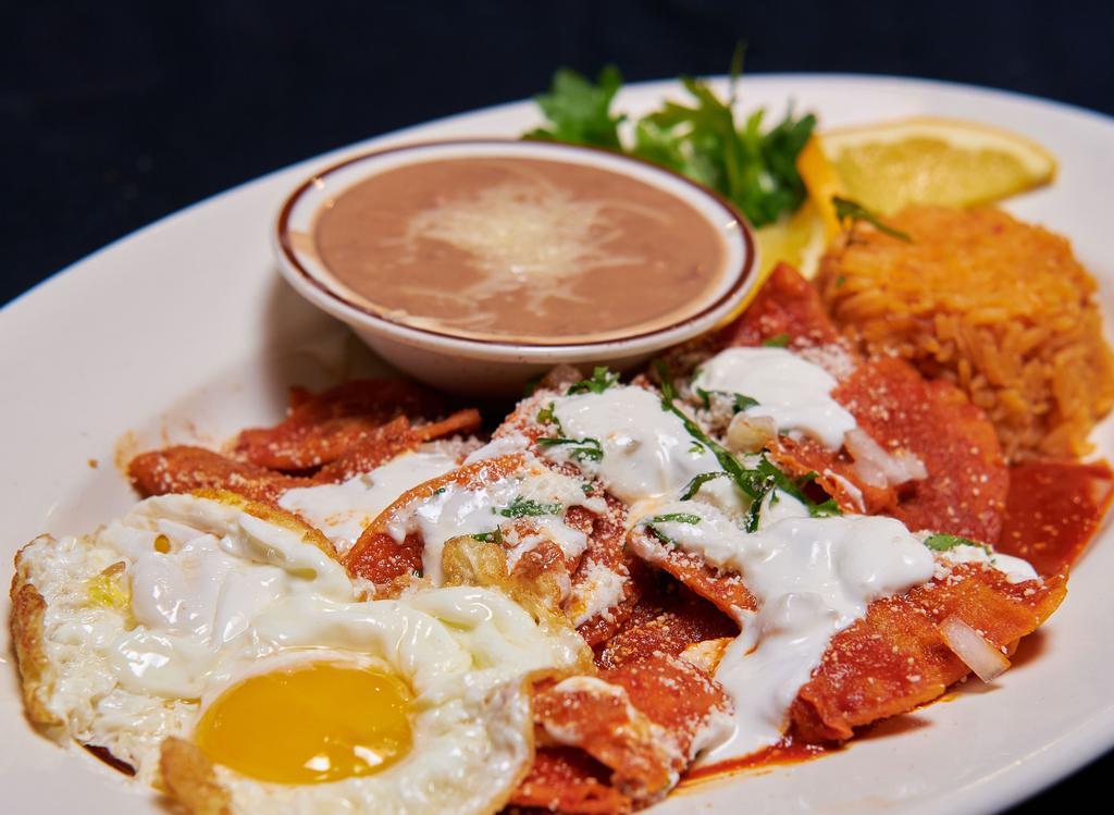Chilaquiles And Eggs · Corn tortilla chips sauteed in green or red sauce.