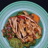 Chicken Veggie Bowl · Grilled chicken on top of grilled veggies, black bean and pico de gallo.