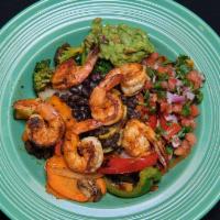Shrimp Veggie Bowl · Grilled shrimp on top of grilled veggies, black beans, and pico de gallo.