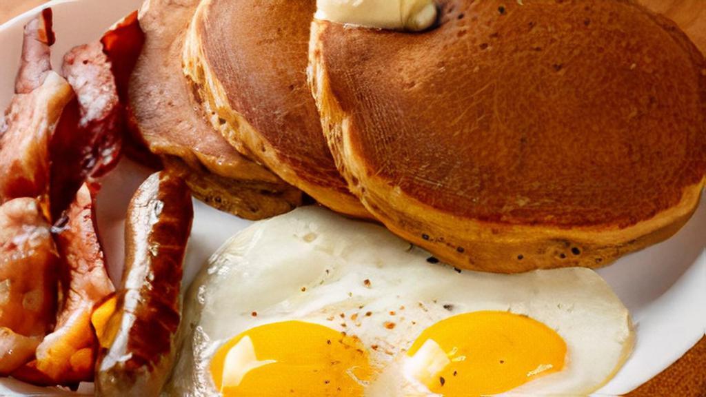 Perfect Pumpkin Pancake Breakfast · Keep the simple carbs out of your breakfast with three hotcakes made from scratch with pumpkin and a delicious blend of spices. Served with two eggs, bacon, and sausage.