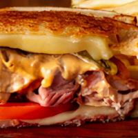 Southwest Beef Melt · Served on grilled sourdough with melted cheese, Ortega chilies, tomato, chipotle mayo, and r...