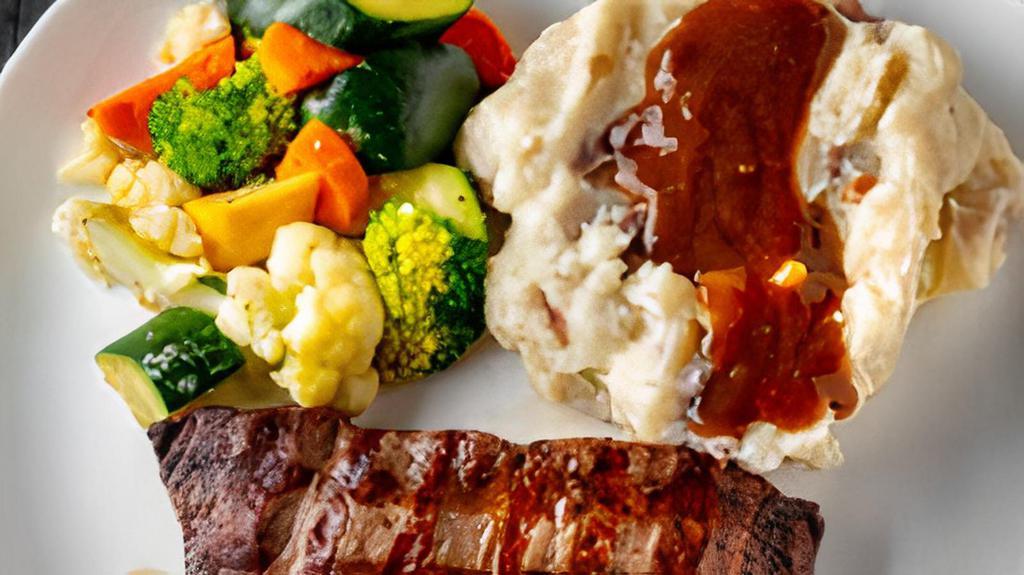 7 Oz Flat Iron Steak Dinner · 7-ounce aged CERTIFIED ANGUS BEEF flat iron steak with your choice of side. (Best served with a baked potato or mashed potatoes)
