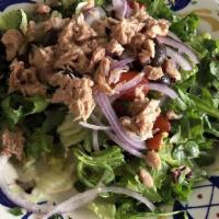 Insalata Rustica · Rustic salad. Tuna, spring baby mix, cannellini beans, and red onion, olives and lemon dress...