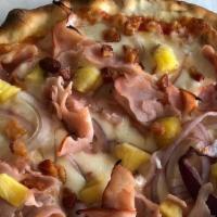 Hawaiian Pizza · Mozzarella, onion, pineapple, Italian bacon and ham.
