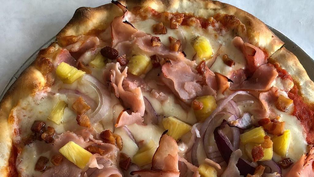 Hawaiian Pizza · Mozzarella, onion, pineapple, Italian bacon and ham.