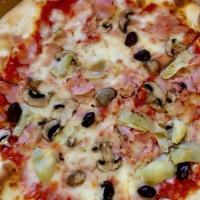 Capricciosa Pizza · Mozzarella, ham, olives, artichoke and mushroom.